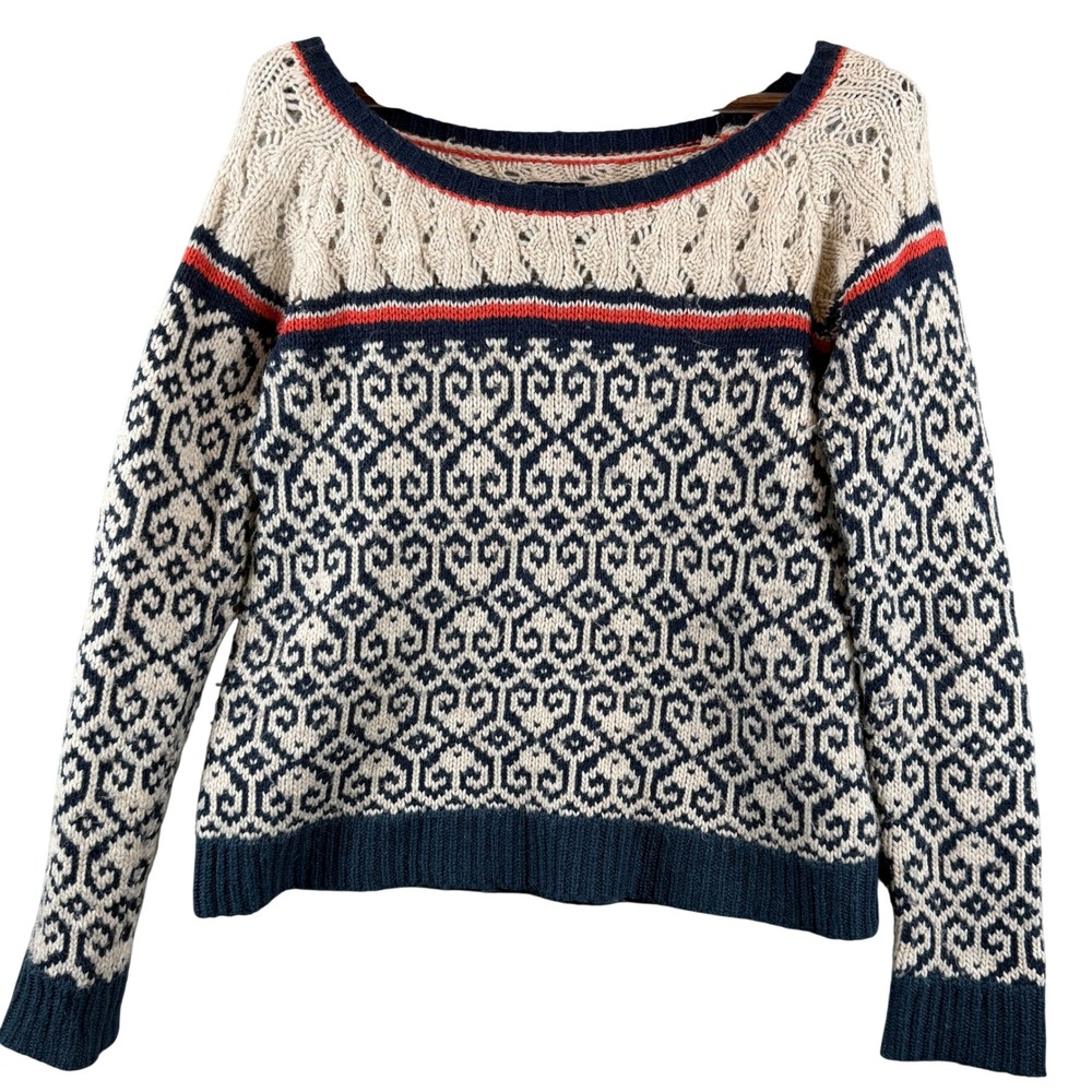 American Eagle Womens M Fair Isle Wool Blend Sweater Navy Cream Orange Pullover